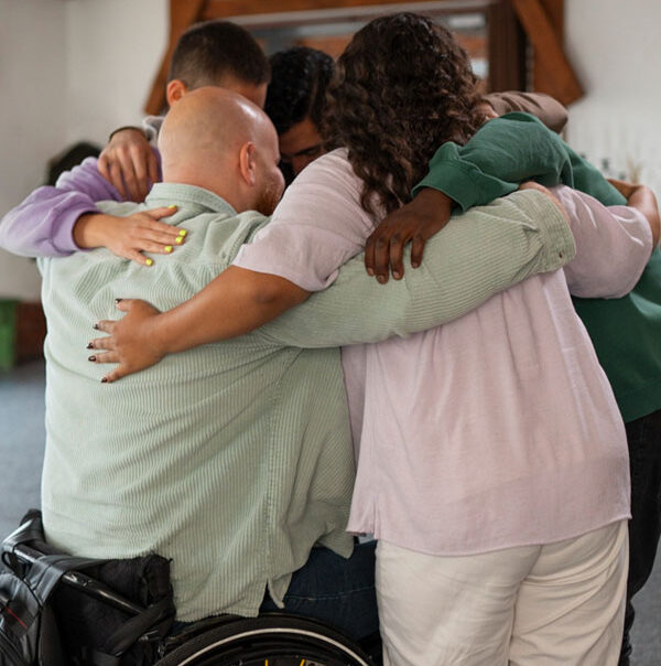 Aus Care Community Services | Local NDIS Providers | NDIS Support at Home After Hospital: What to Expect Person who uses a wheelchair sharing a group hug with family and friends